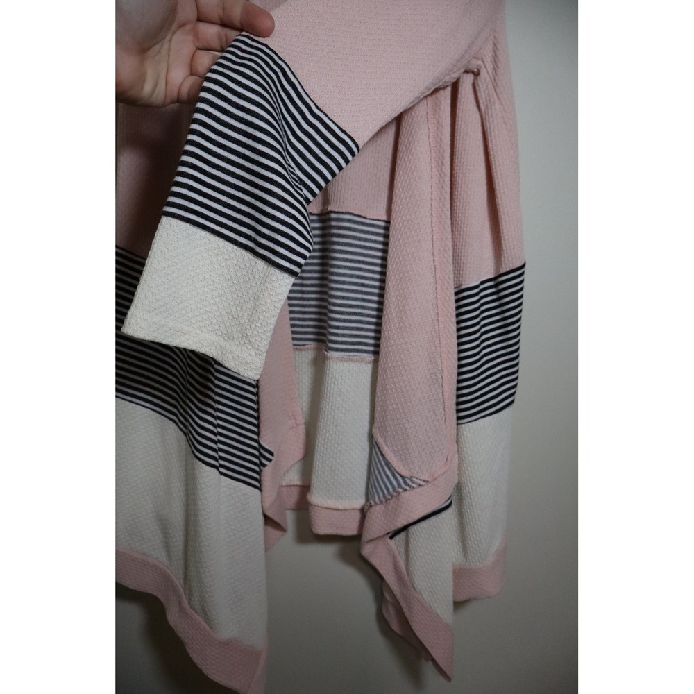Coastal Preppy Lovely Melody Cardigan L Pink Striped Waffle Knit Waterfall Front - Picture 3 of 4